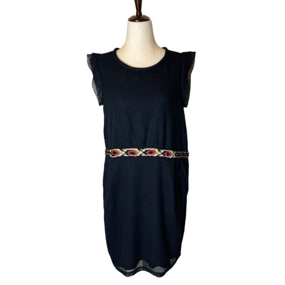 See U Soon Black Aztec Embroidered Belt Cap Sleeve Fit And Flare‎ Dress Size S - Picture 1 of 11